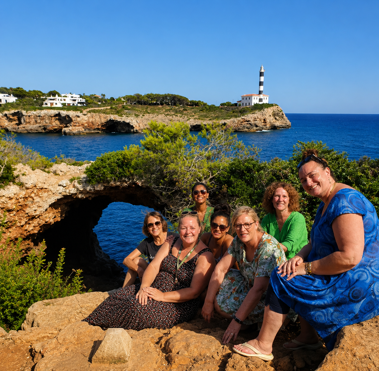 A group gathered on the rocks beside a natural arch near the lighthouse