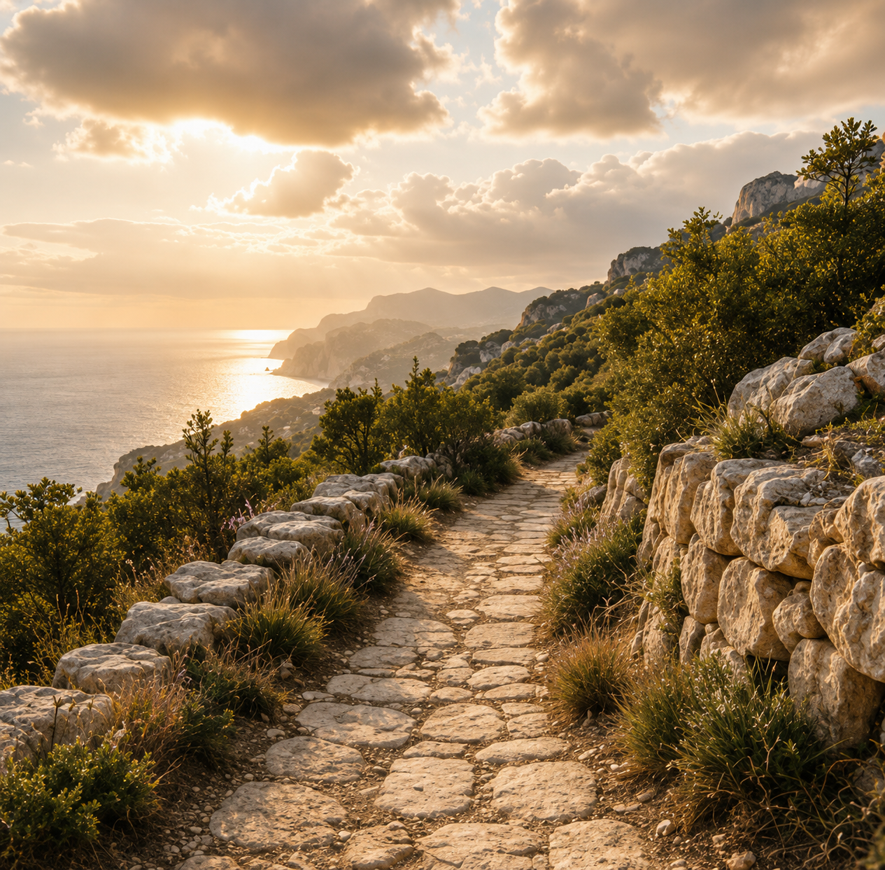 A quiet stone path through the Mallorcan hills towards the sea at sunset