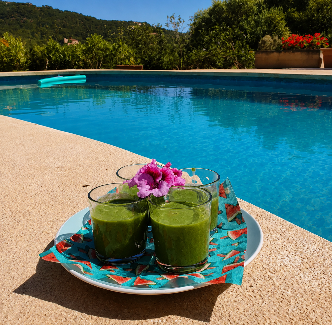 Fresh green smoothies served by the pool