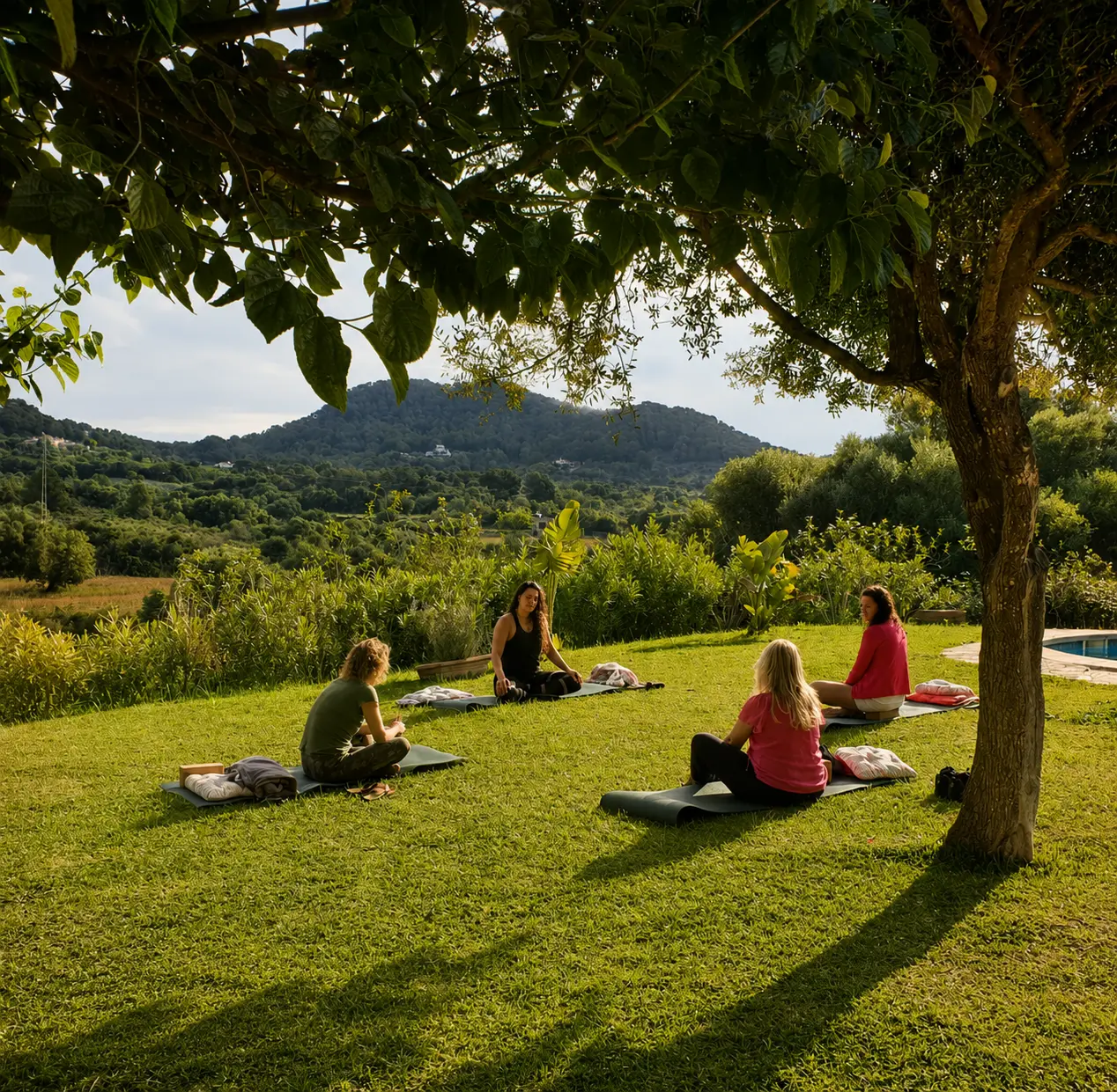 A morning practice on the lawn overlooking the Mallorcan valley
